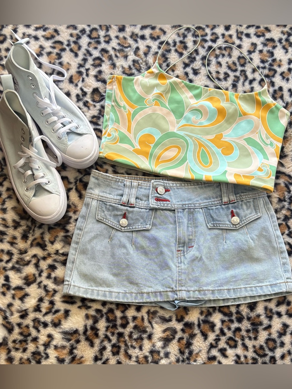Edikted Light Blue Denim Shorts with Red Accent Stitching